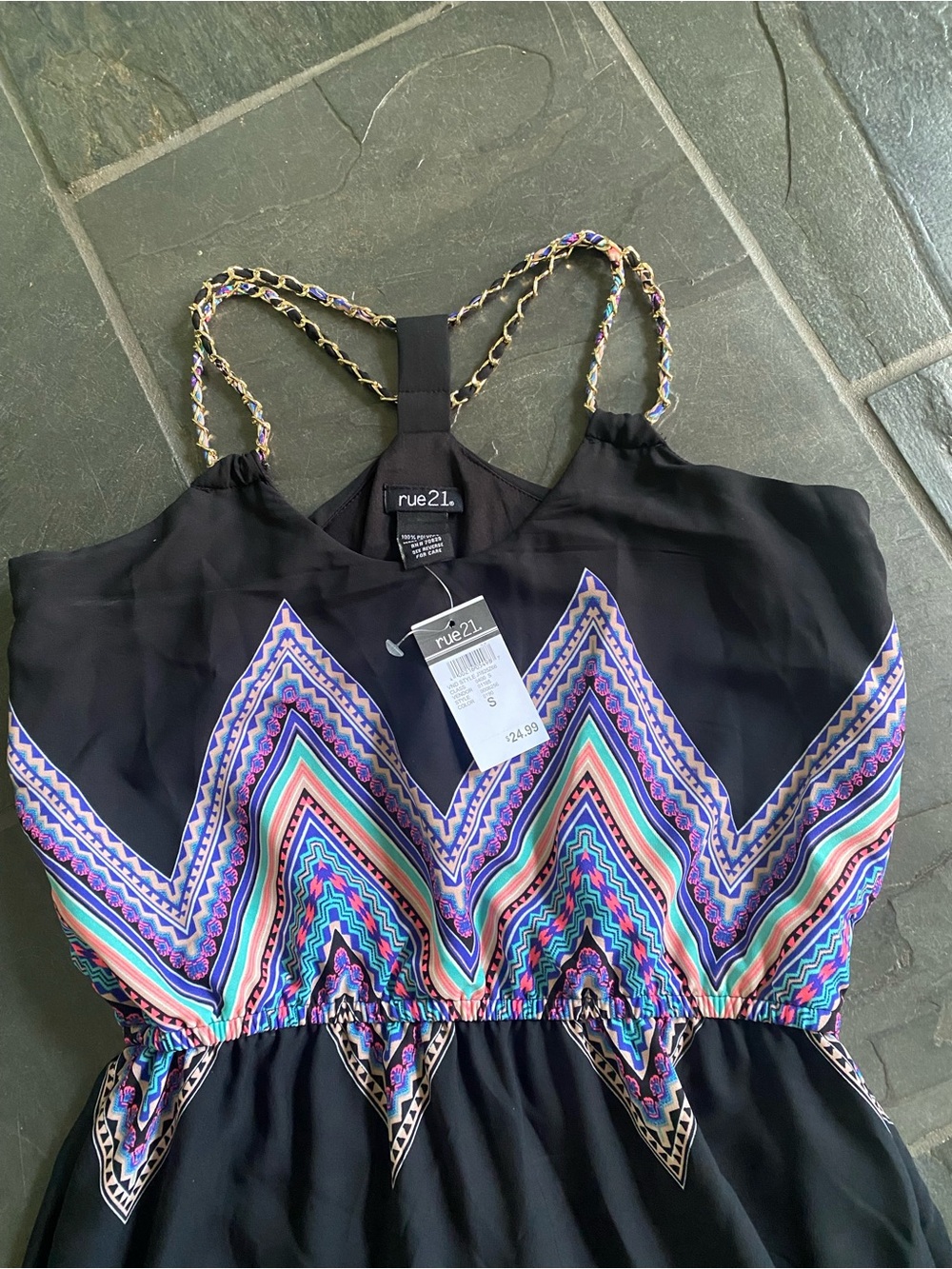 Rue21 Black Dress with Multicolor Chevron Print and Braided Chain Straps
